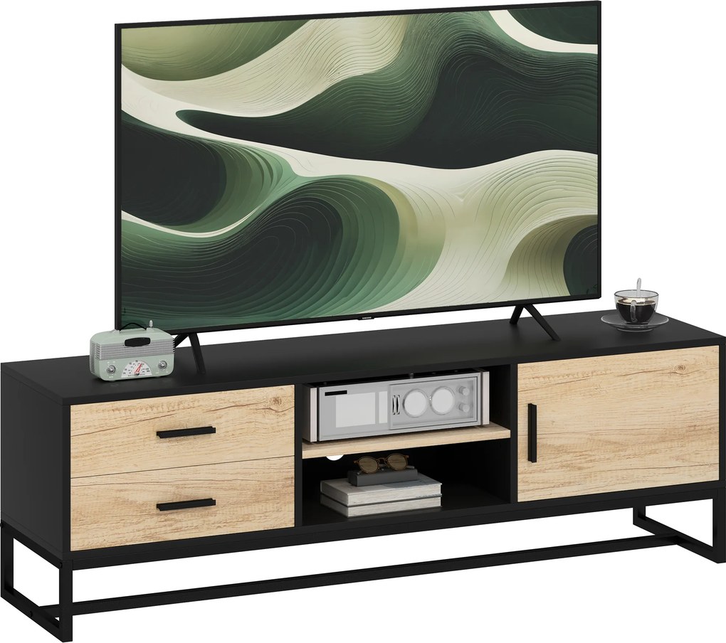 HOMCOM dulap TV cu ușă, 2 sertare, compartimente deschise, raft reglabil, Negru | Aosom Romania