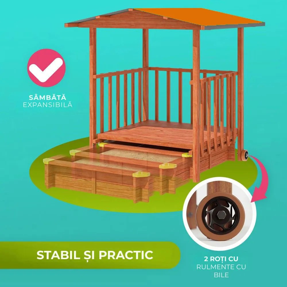 Groapa cu nisip cu verandă SUNNY, 130x130x143cm, maro/portocalie Jurhan