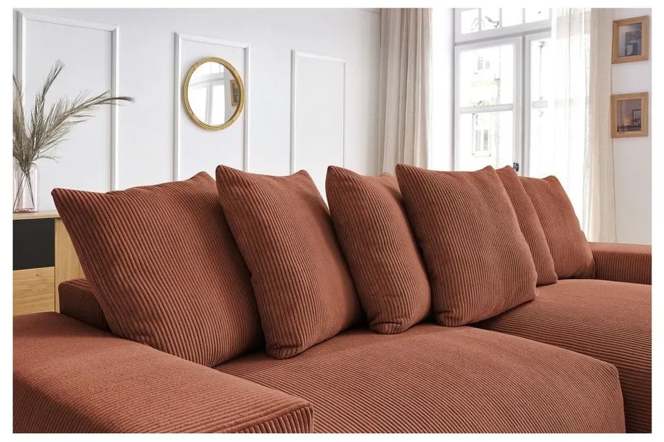 Colțar teracotă extensibil/cu spațiu de depozitare cu tapițerie din catifea reiată Voltaire – Bobochic Paris