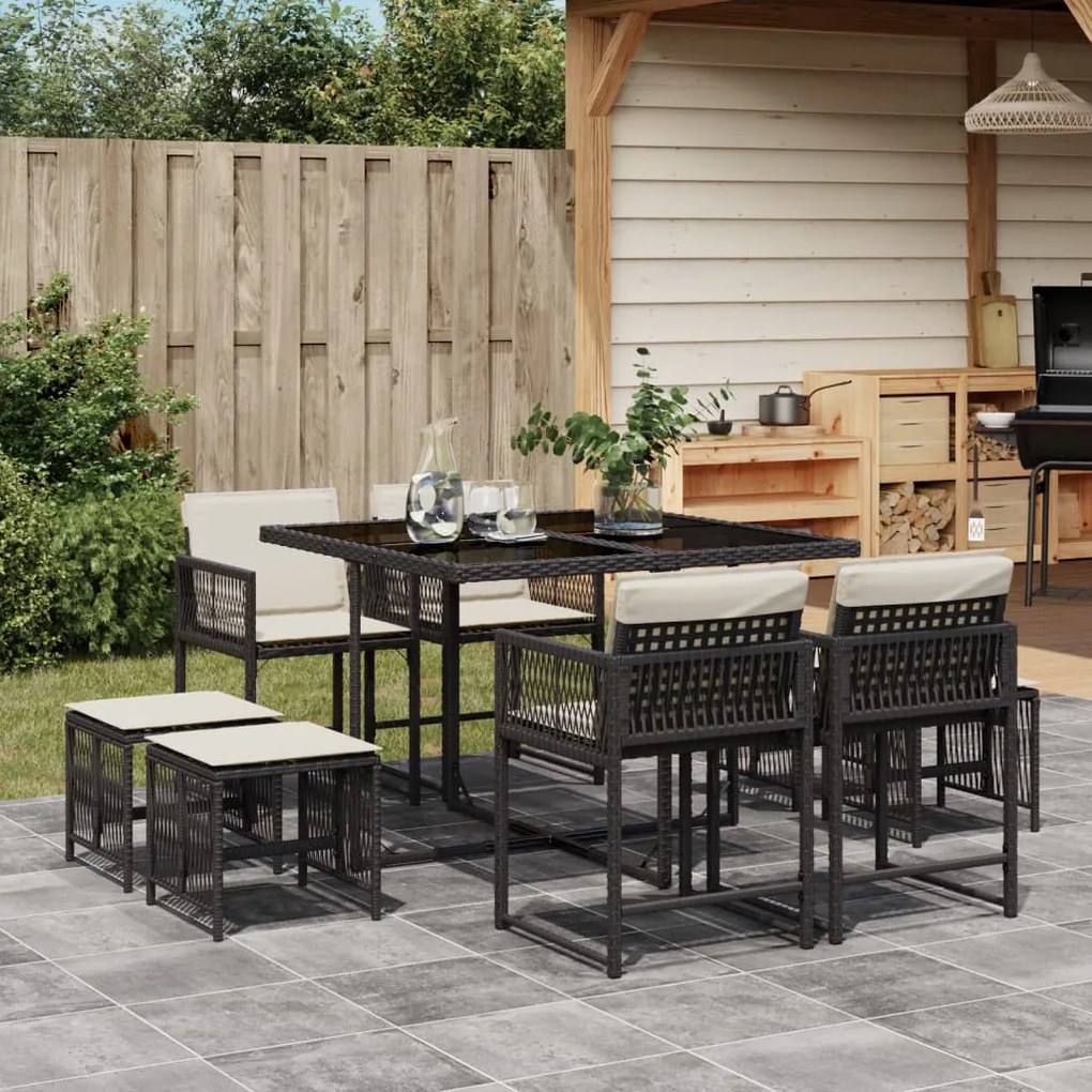 vidaXL Set mobilier de grădină cu perne, 9 piese, negru, poliratan