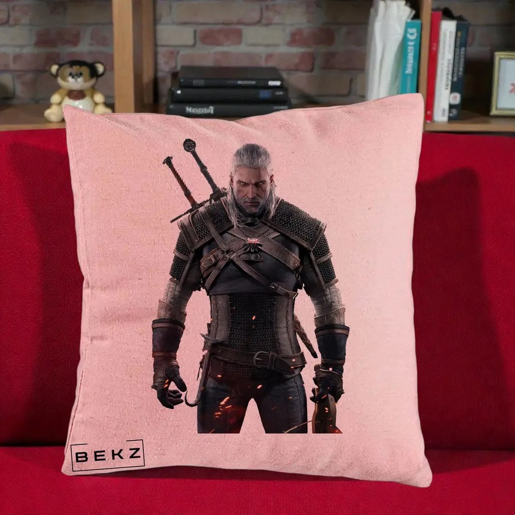 Perna Personalizata The Witcher Geralt of Rivia Portret, 40x40 cm, Roz, Husa Detasabila, Perna Inclusa, BEKZ®
