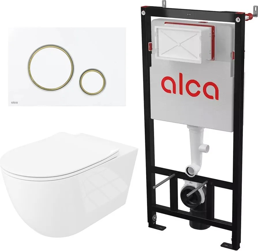 Set rezervor WC cu cadru incastrat Alca AM101/1120 si clapeta de actionare Thin M775 alb - auriu plus vas WC Rune Ivaldi Grande alb cu capac softclose