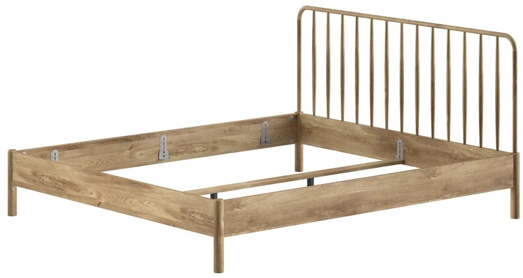 Pat dublu OLIVE, 180 x 200 cm, cu tăblie cu lamele rotunjite și aspect lemn de stejar, design modern, fără somieră inclusă, cu noptieră cu două