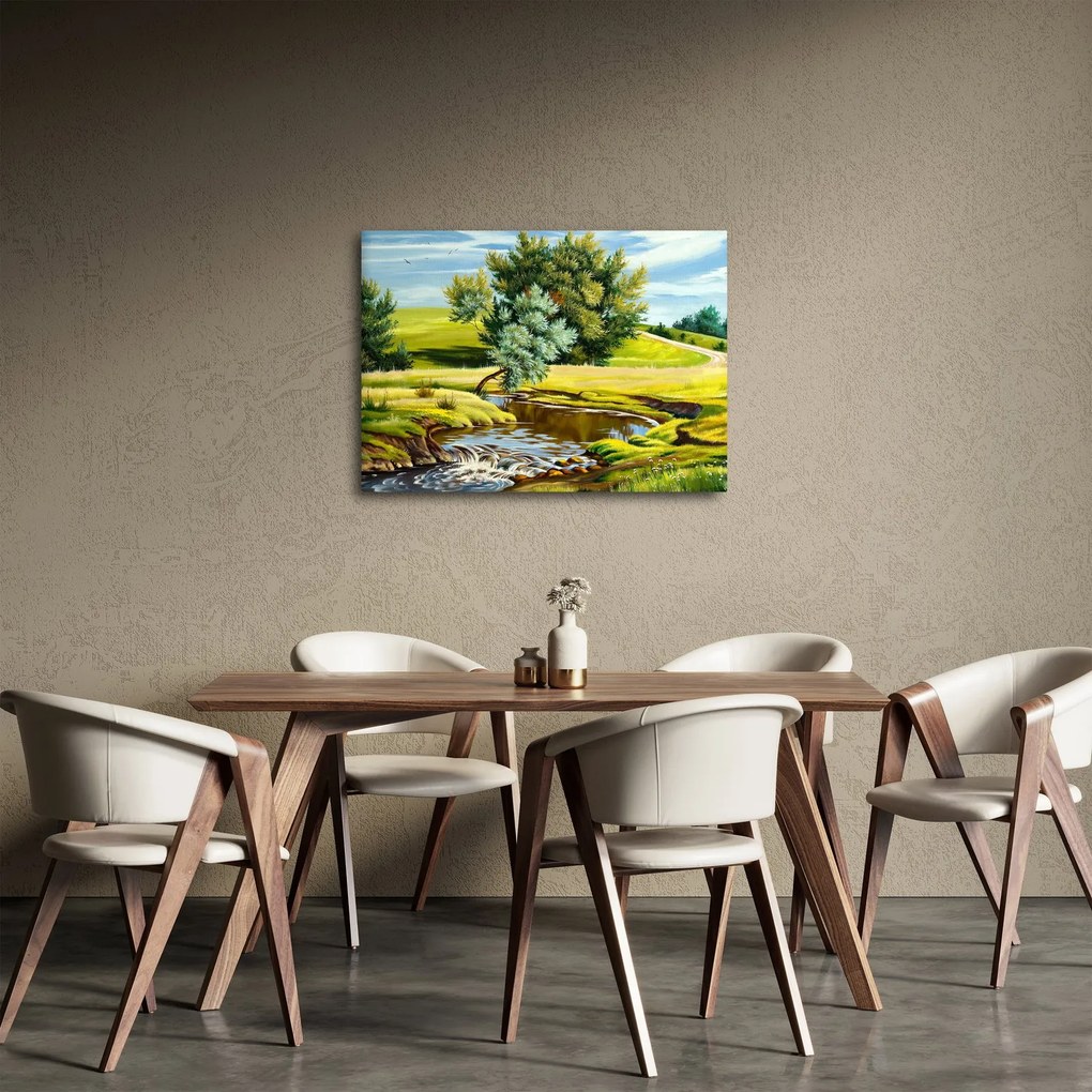 Tablou - Râu între câmpii, pictură în ulei (70x50 cm)