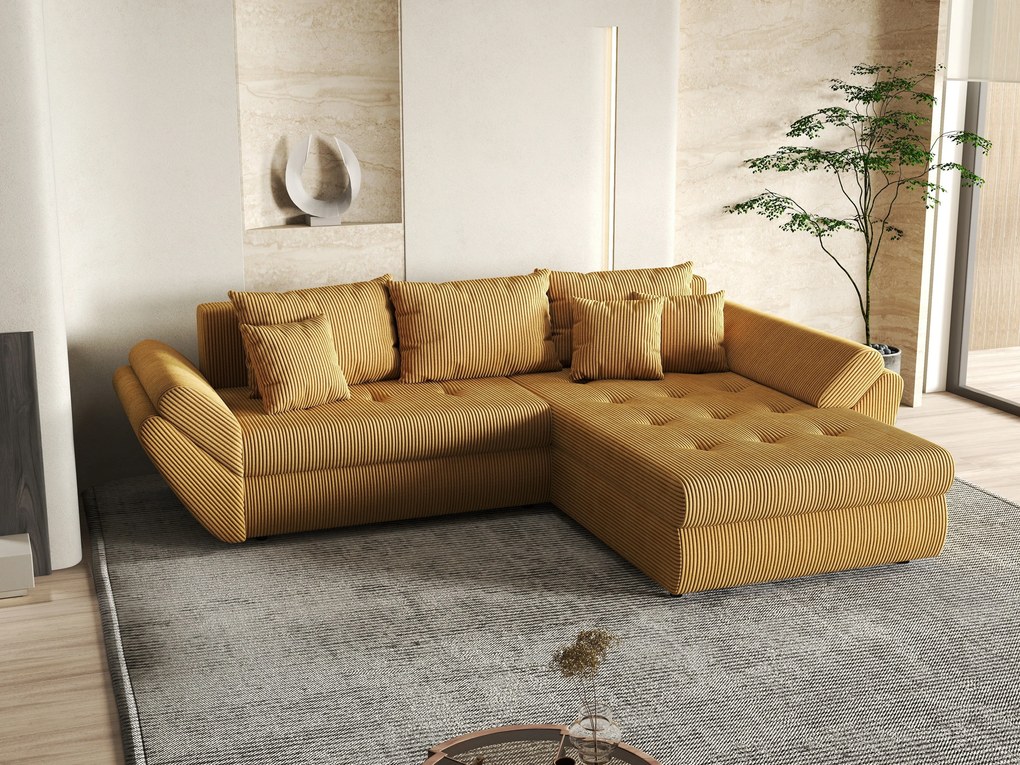 Colțar extensibil dumonde cu ladă de depozitare si sezut confortabil din spuma high-density, Loana Zoom Mustar II 270x185 cm