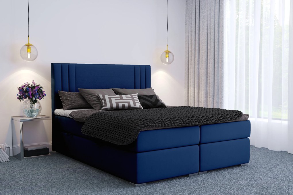 Pat matrimonial Boxspring 140 cm Morcano (albastru închis) (cu sp. depozitare). 1020335