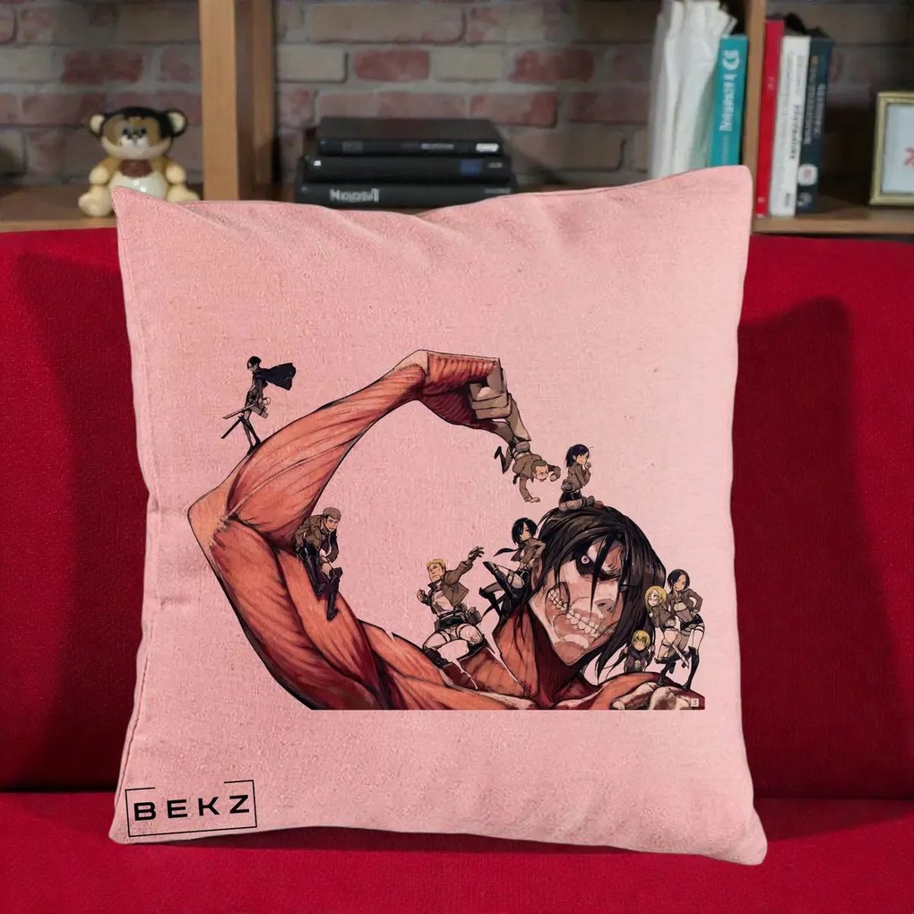 Perna Personalizata Attack on Titan Eren Titan Grup, 40x40 cm, Roz, Husa Detasabila, Perna Inclusa, BEKZ®