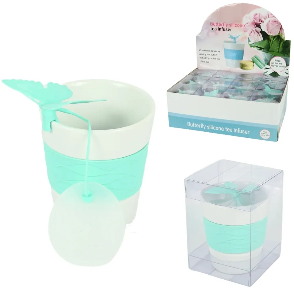 Cana din portelan SILICONE BUTTERFLY cu infuzor de ceai 280 ml, verde