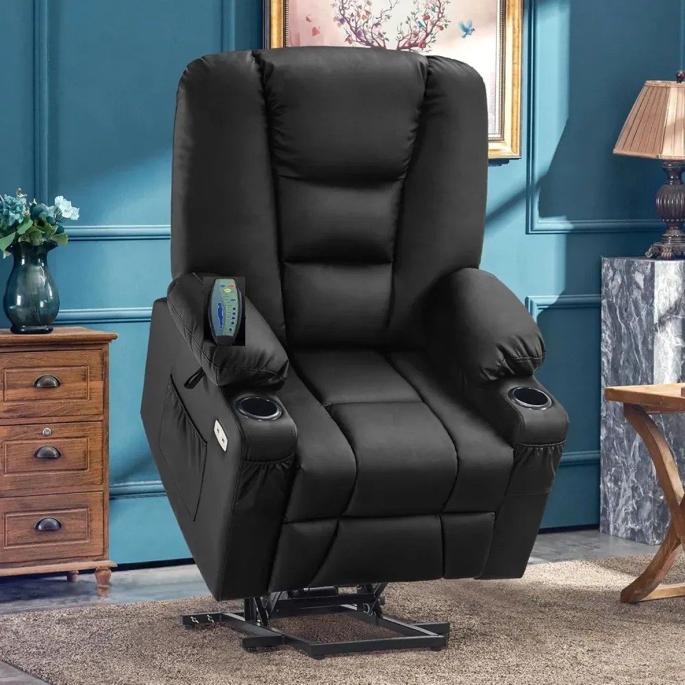 RESIGILAT- Fotoliu Electric Power Lift&Recliner, ridicare și rabatare, masaj și incalzire, porturi USB, suporturi pentru pahare, buzunare laterale, telecomenzi, PU, Negru