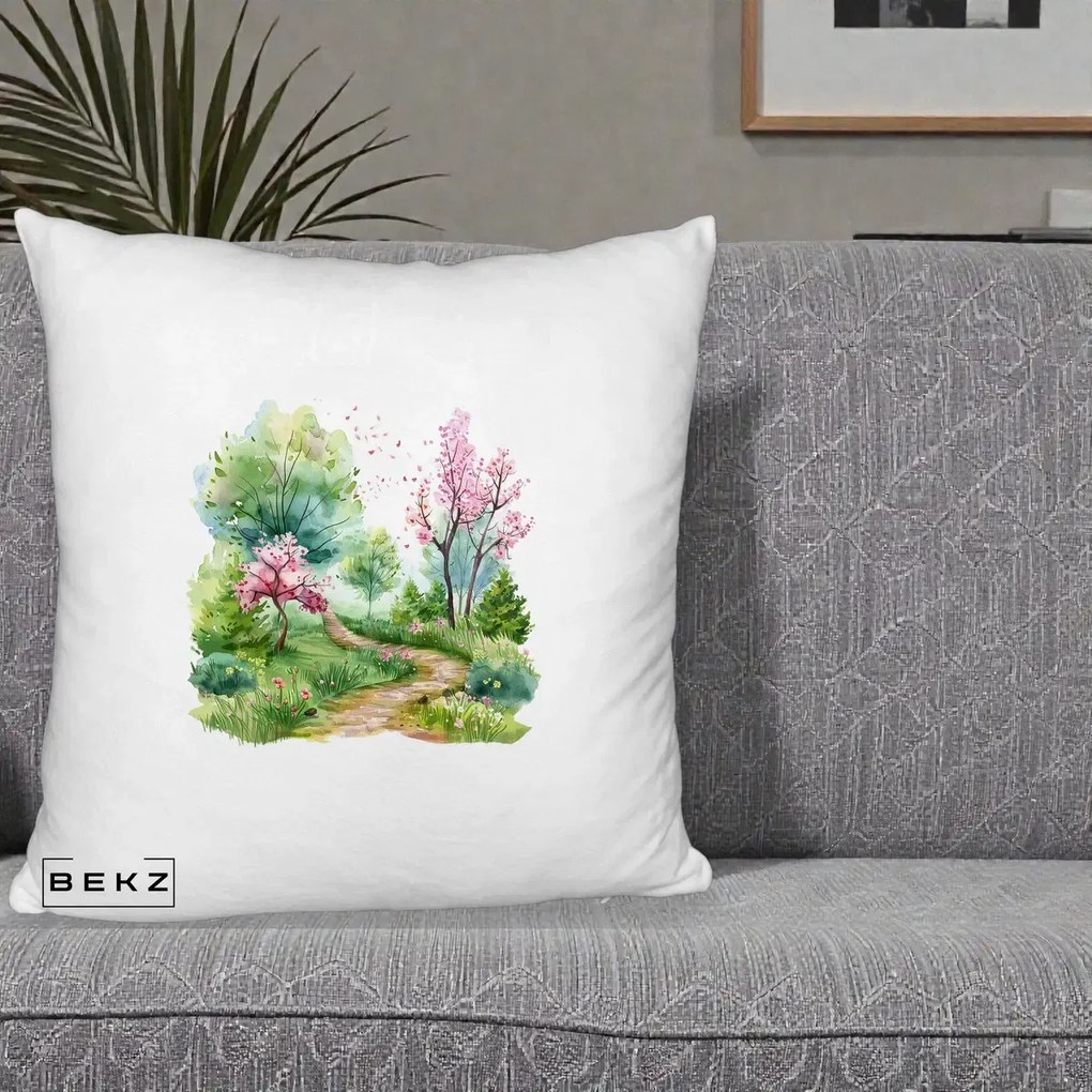 Perna Decorativa Gradina Primavara Acuarela, 40x40 cm, Alb Pufos, Husa Detasabila, Perna Inclusa, BEKZ®