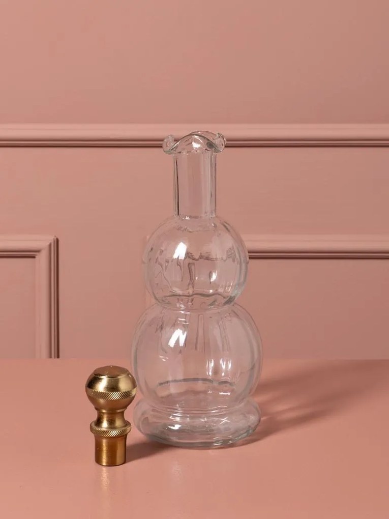 Set 2 sticle decorative din sticlă canelată cu capac sferic din alamă antichizată, 33 × 10 cm, „Flacon"