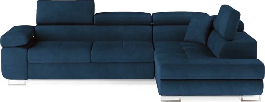 Colțar albastru extensibil/cu spațiu de depozitare cu tapițerie din catifea (cu colț pe partea dreaptă/în formă de ”L”) Anton – ELTAP