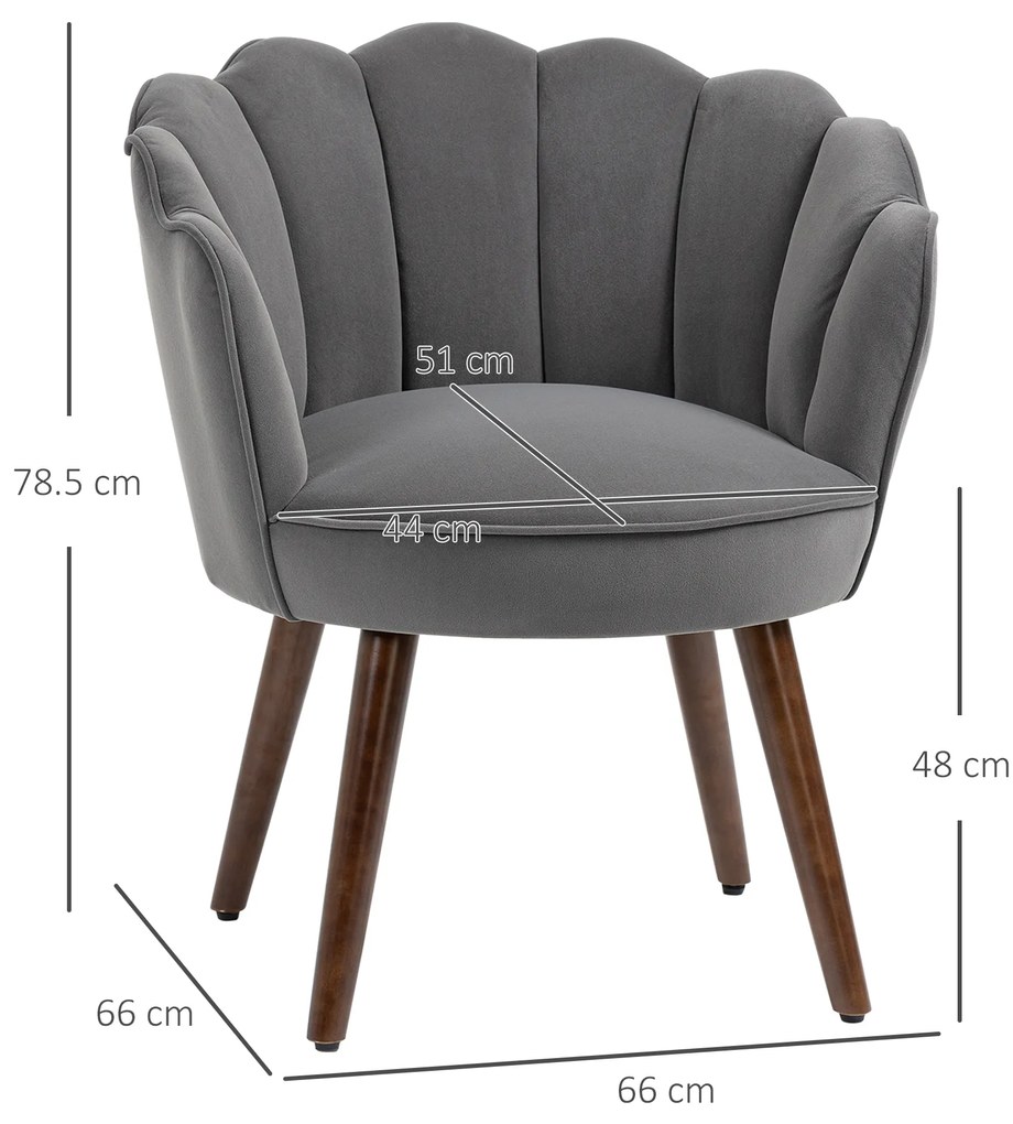 Fotoliu captusit HOMCOM cu spatar tip scoica si picioare din lemn, 66x66x78.5cm, Gri inchis | Aosom Romania