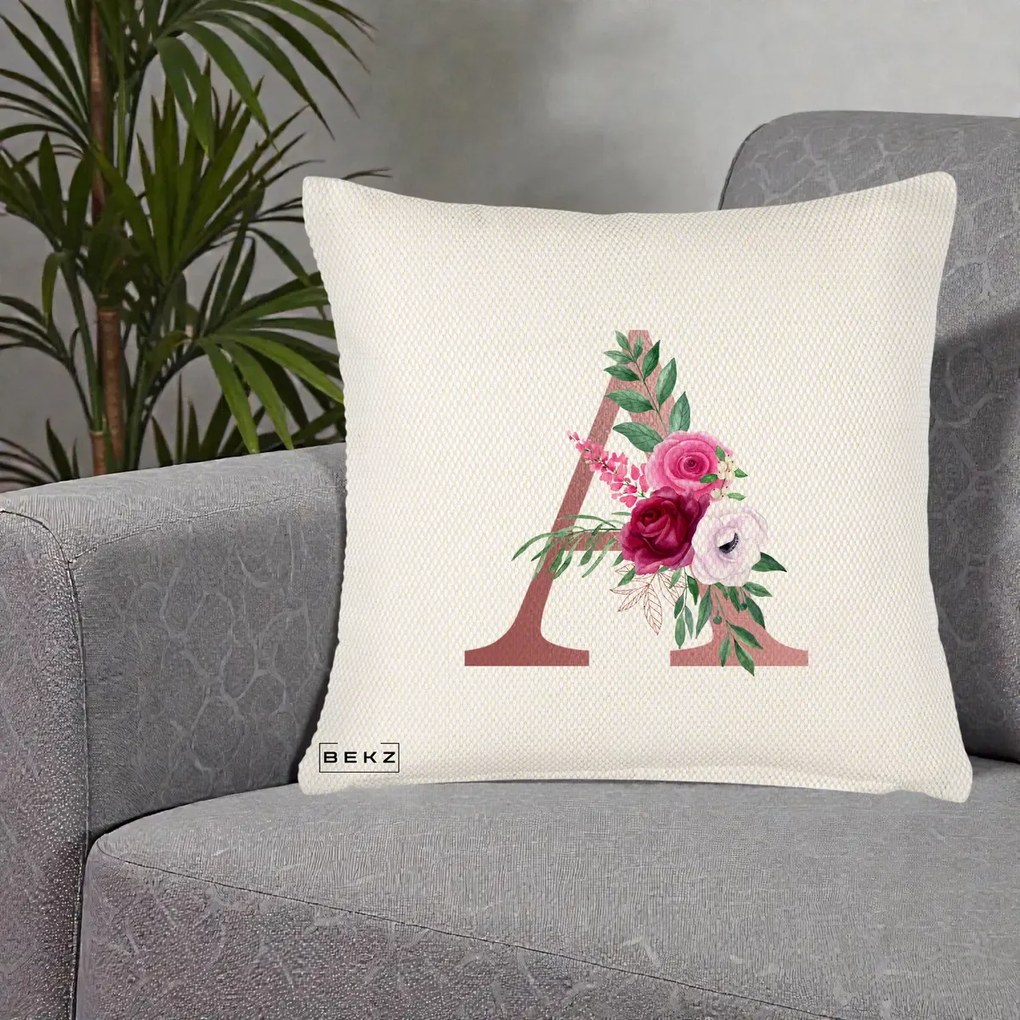 Cadou Personalizat - Perna Personalizata Monograma Rose Gold Litera A, 40x40 cm, Crem Reliefat, Husa Detasabila, Perna Inclusa, BEKZ®