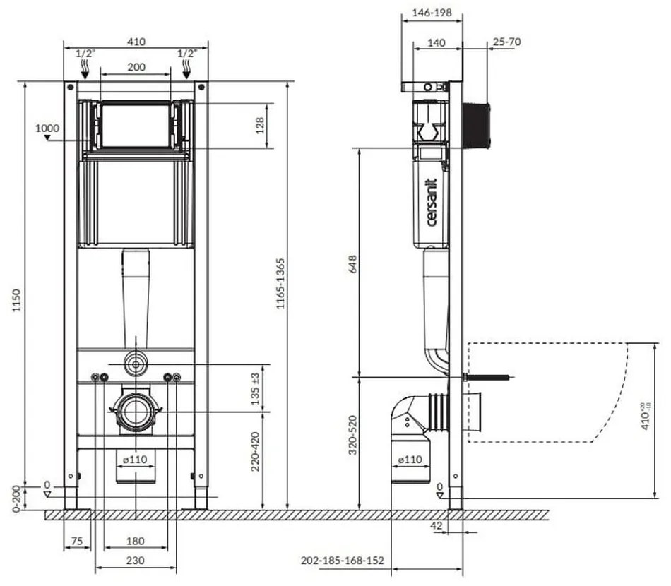 Set vas wc rimless suspendat, asimetric, cu capac softclose, Foglia Oslo, rezervor incastrat si clapeta aurie Cersanit Block