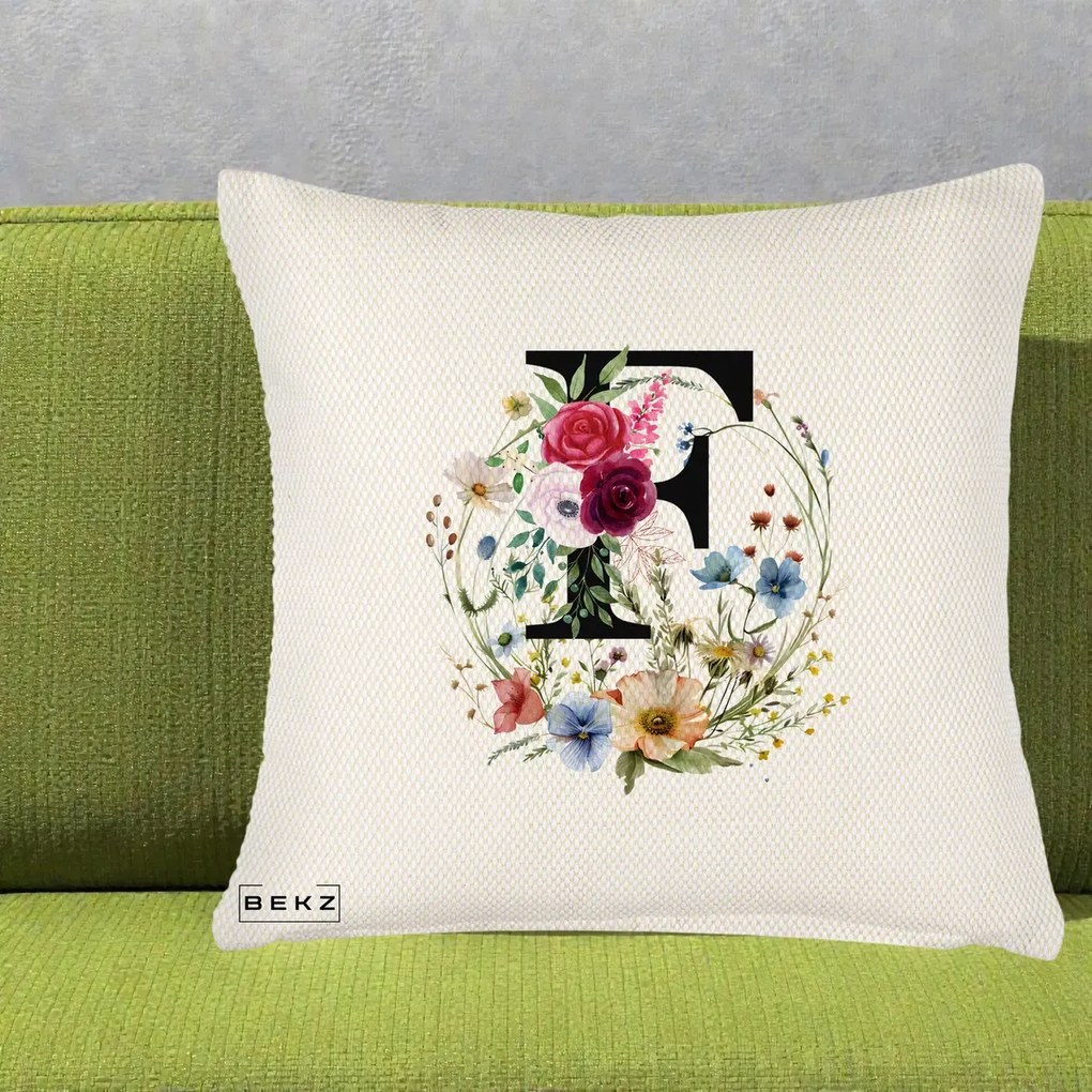 Cadou Personalizat - Perna Personalizata Monogram Litera F cu Flori Acuarela, 40x40 cm, Crem Reliefat, Husa Detasabila, Perna Inclusa, BEKZ®