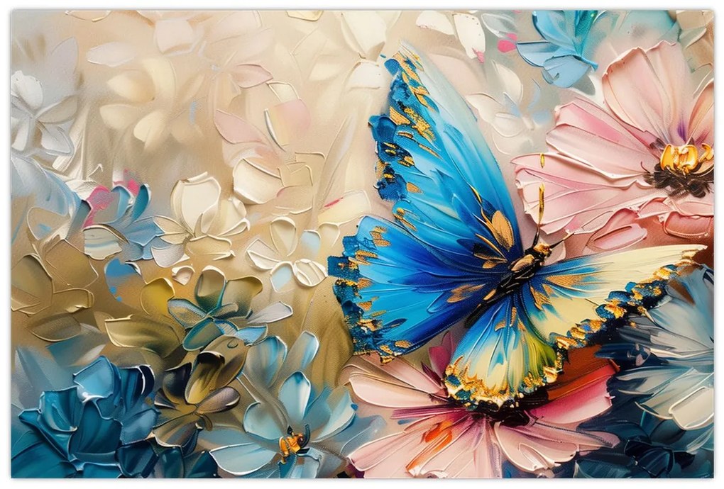 Tablou - Pictura de flori și fluturi (90x60 cm)