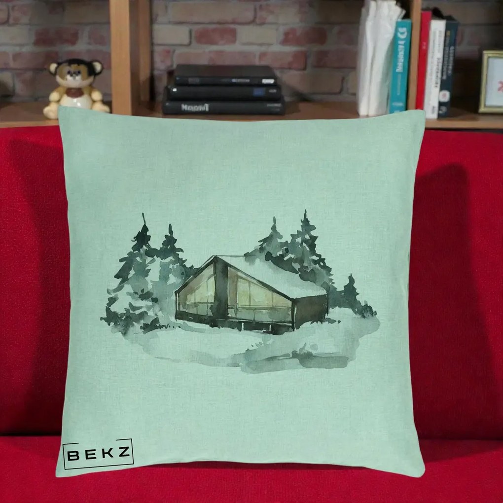 Perna Decorativa Cabana de Iarna in Padure, 40x40 cm, Verde Menta, Husa Detasabila, Perna Inclusa, BEKZ®