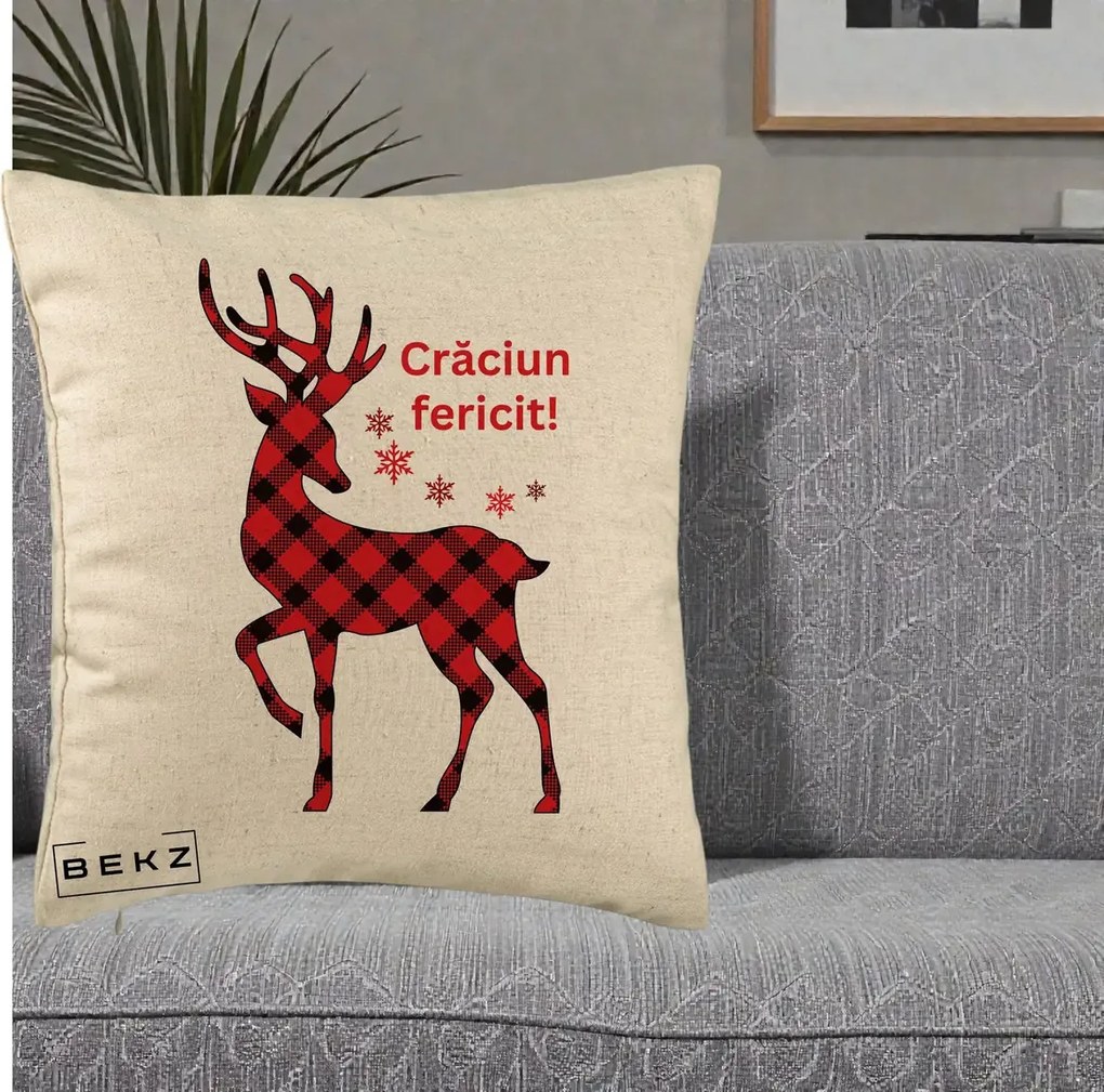 Perna Decorativa Ren Tartan Craciun Fericit, 40x40 cm, Bej, Husa Detasabila, Perna Inclusa, BEKZ®
