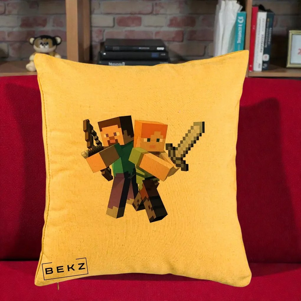 Perna Personalizata Minecraft Steve si Alex, 40x40 cm, Galben, Husa Detasabila, Perna Inclusa, BEKZ®