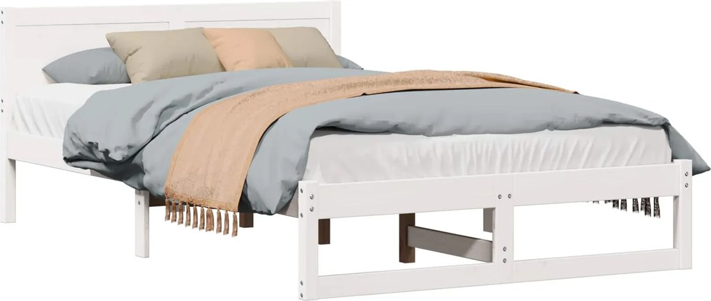 vidaXL Cadru de pat cu headboard Alb 135 x 190 cm Lemn de pin masiv