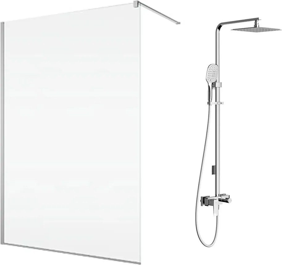 Pachet paravan dus Walk-In SanSwiss Easy crom 100x200 cm si coloana de dus Omnires Parma crom