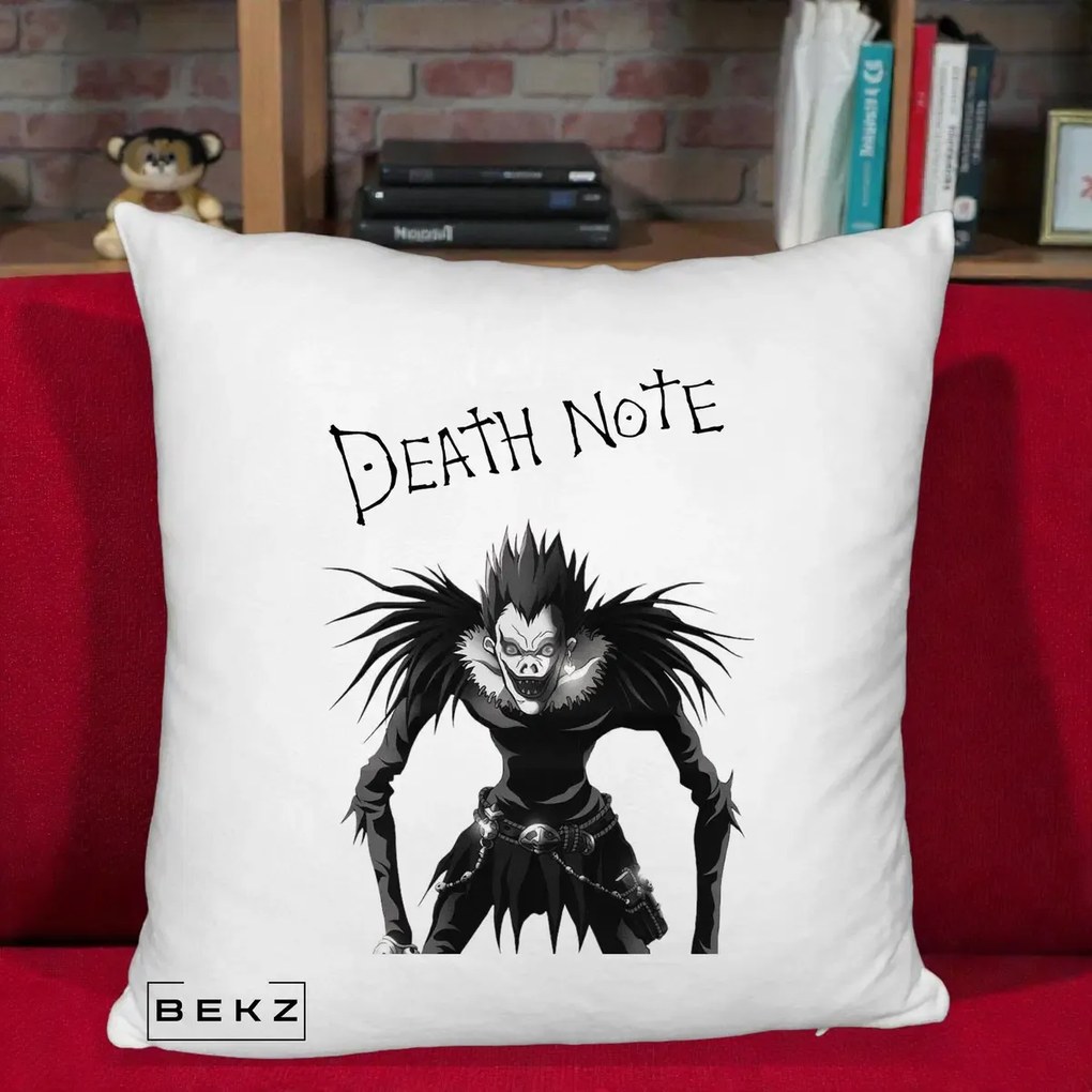Perna Personalizata Death Note Ryuk Shinigami Alb-Negru, 40x40 cm, Alb Pufos, Husa Detasabila, Perna Inclusa, BEKZ®