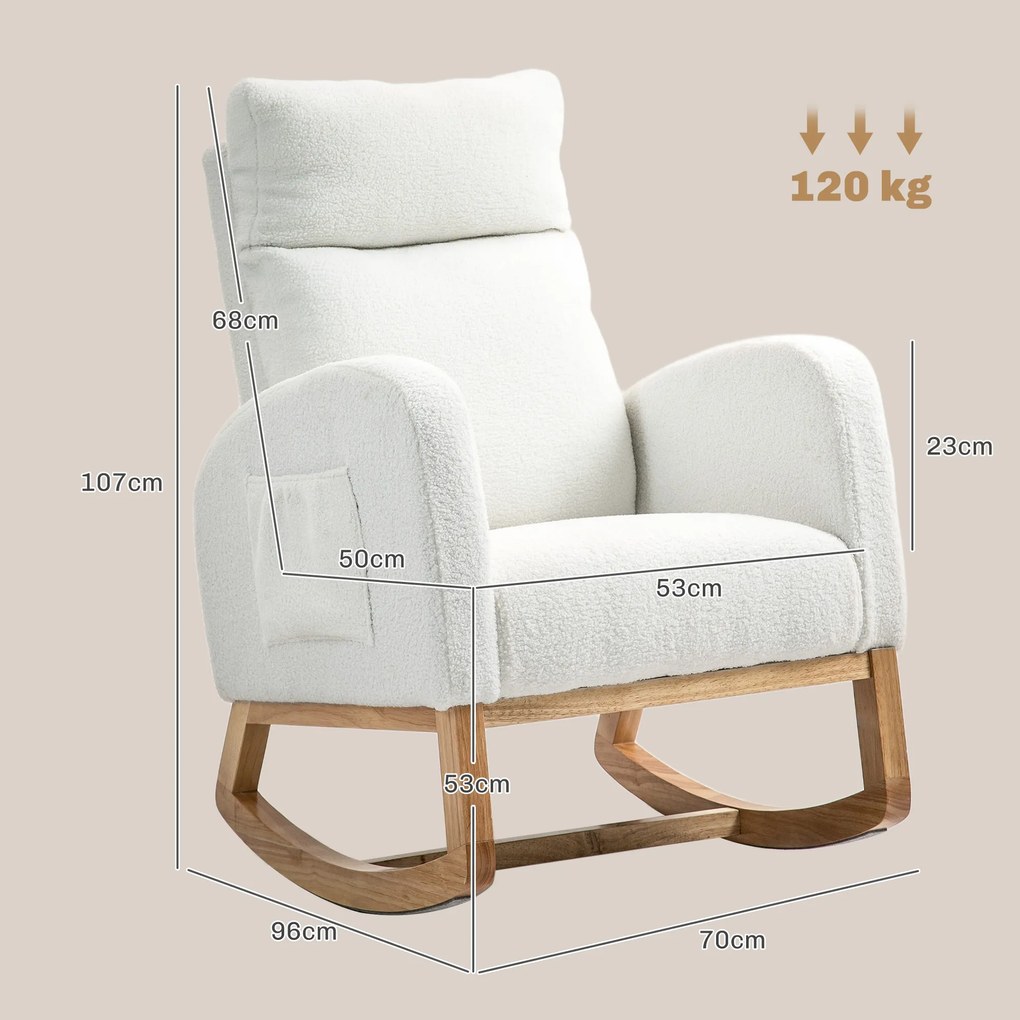 HOMCOM Fotoliu cu Leagăn, Fotoliu de Relaxare, capitonaj gros, husă moale, cadru de lemn, până la 120 kg capacitate de încărcare, crem | Aosom Romania