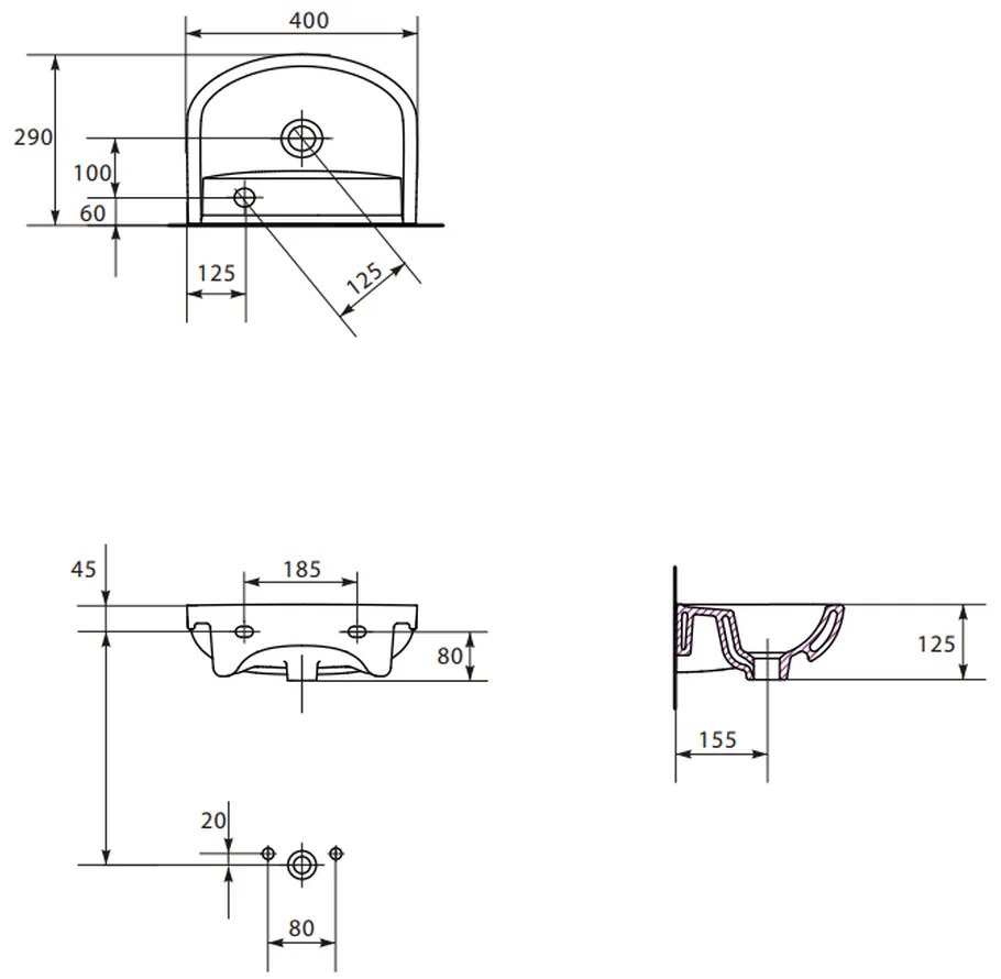 Lavoar suspendat alb 40 cm, asimetric, orificiu baterie dreapta, Cersanit Arteco Dreapta