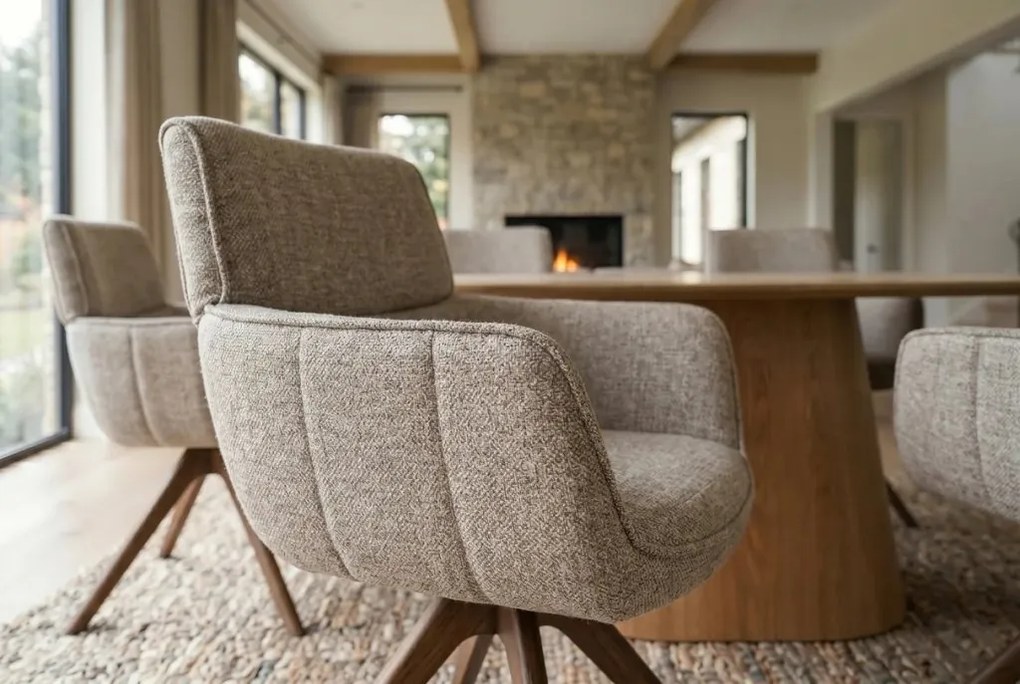 Set de 2 scaune pivotante, Lemn de nuc, Material texturat bej-taupe, UNIQUE