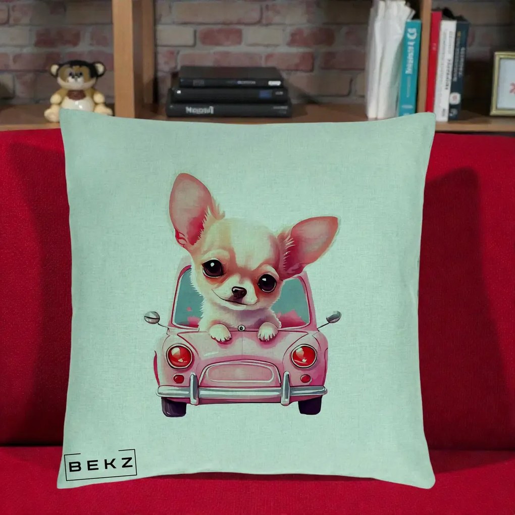 Perna Decorativa Chihuahua Roz in Masinuta, 40x40 cm, Verde Menta, Husa Detasabila, Perna Inclusa, BEKZ®