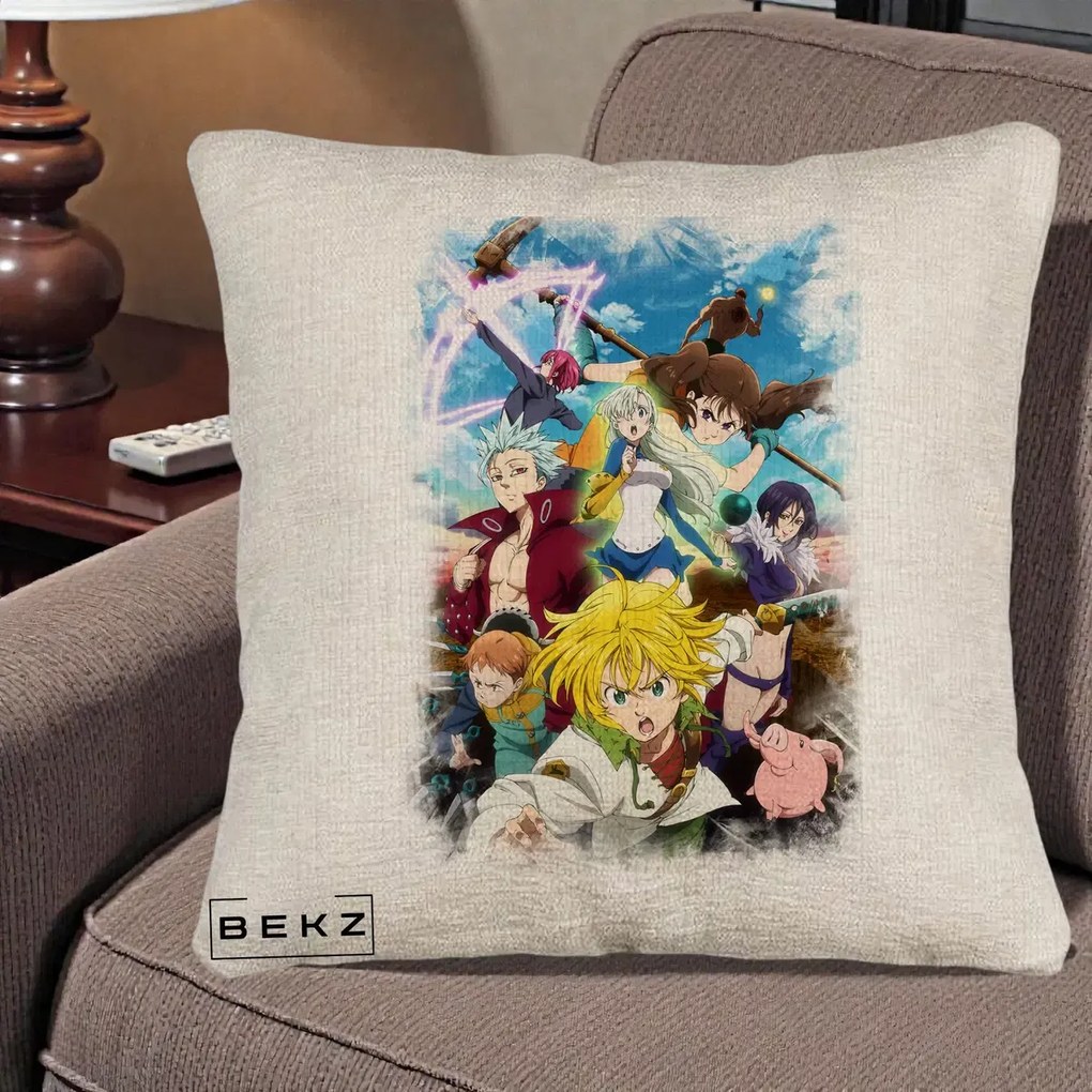 Perna Personalizata Nanatsu no Taizai Cele Sapte Pacate Mortale Anime, 40x40 cm, Bej Canapea, Husa Detasabila, Perna Inclusa, BEKZ®
