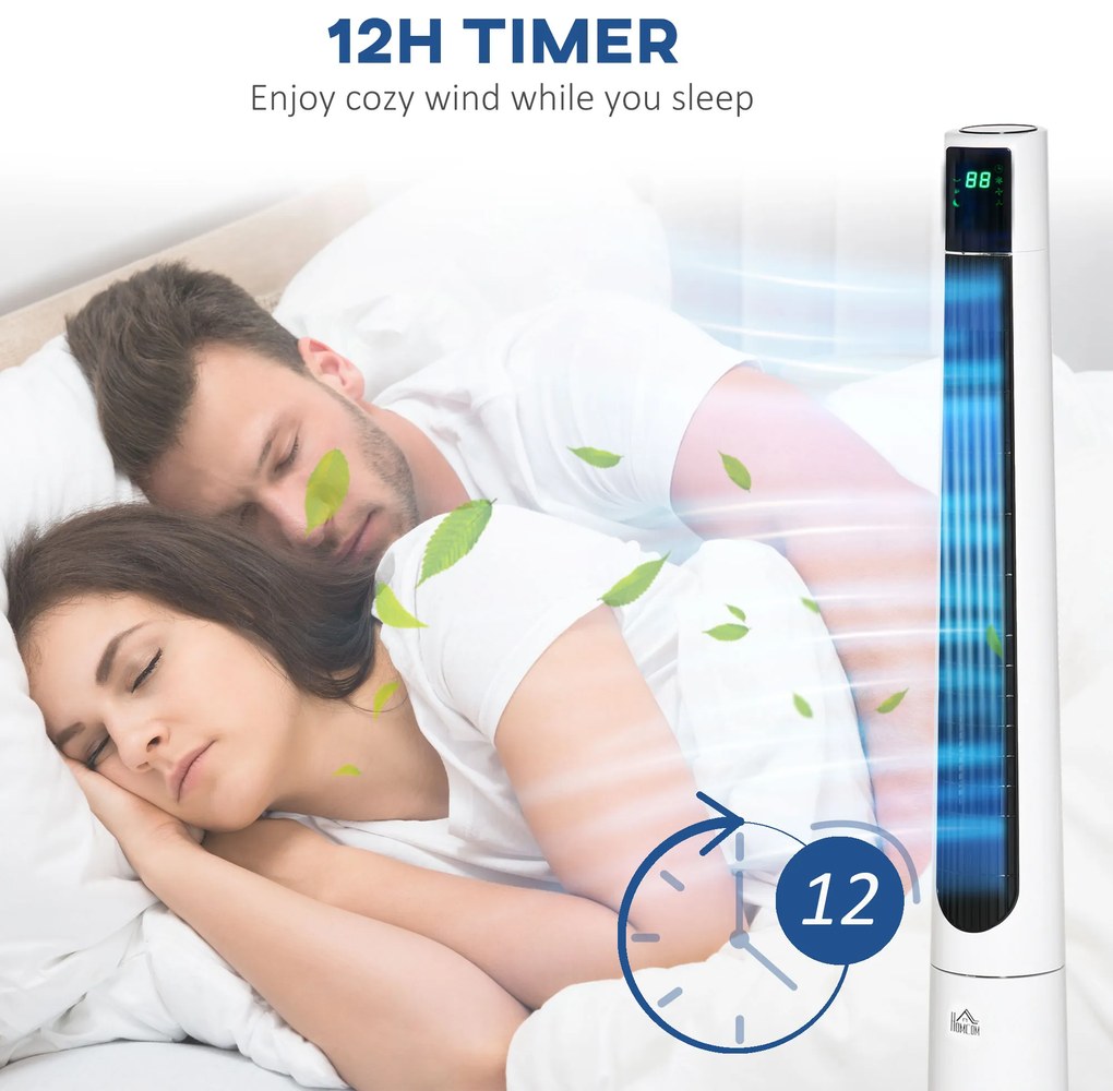 HOMCOM Ventilator Turn cu 3 Moduri și 3 Viteze cu Cronometru 12h, Ventilator de Podea ABS cu Telecomandă, Ø32x118.2 cm, Alb | Aosom Romania