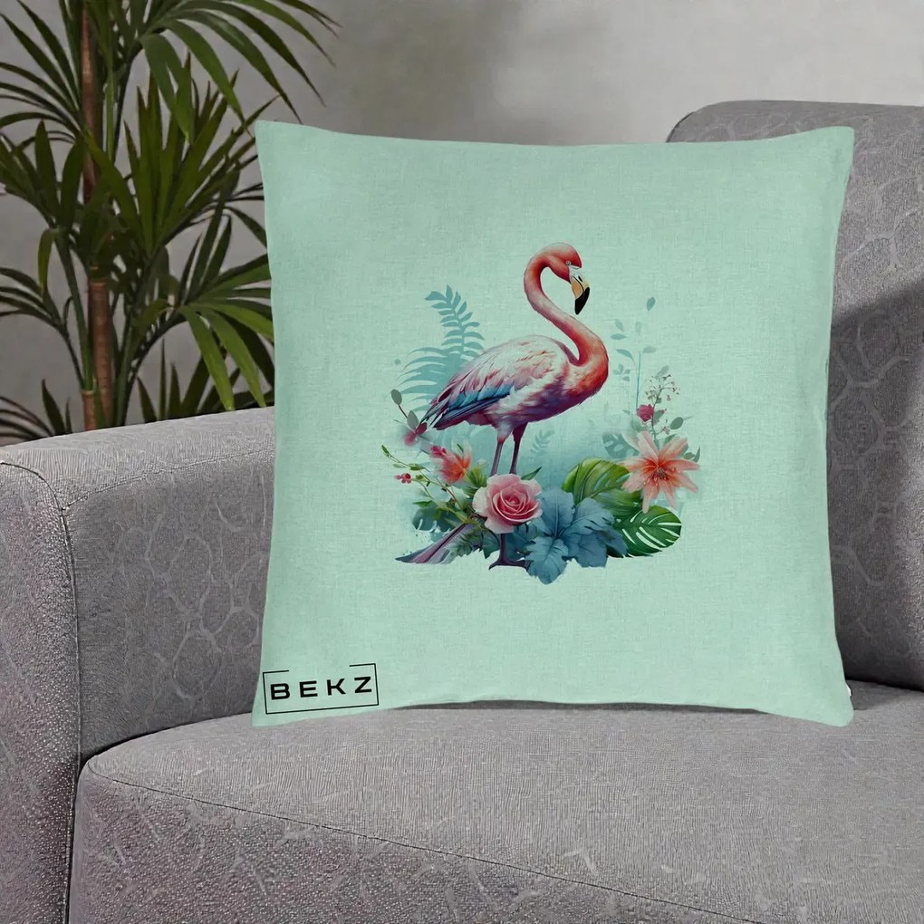 Perna Decorativa Flamingo cu Flori Tropicale Acuarela, 40x40 cm, Verde Menta, Husa Detasabila, Perna Inclusa, BEKZ®