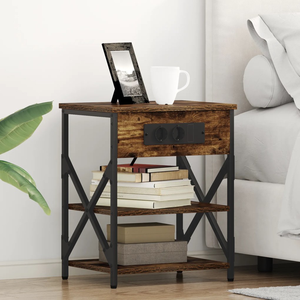 vidaXL Cabinet de noptiere cu stație de încărcare 2 pcs Stejar afumat