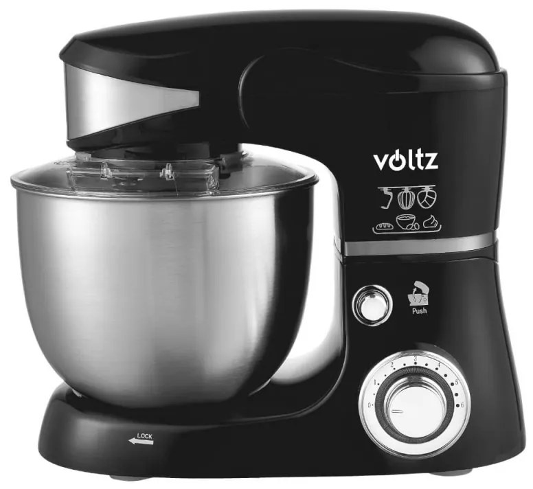 Mixer planetar Voltz V51115G, 1600W, 5 litri, 3 agitatoare, 6 viteze, LED, Negru