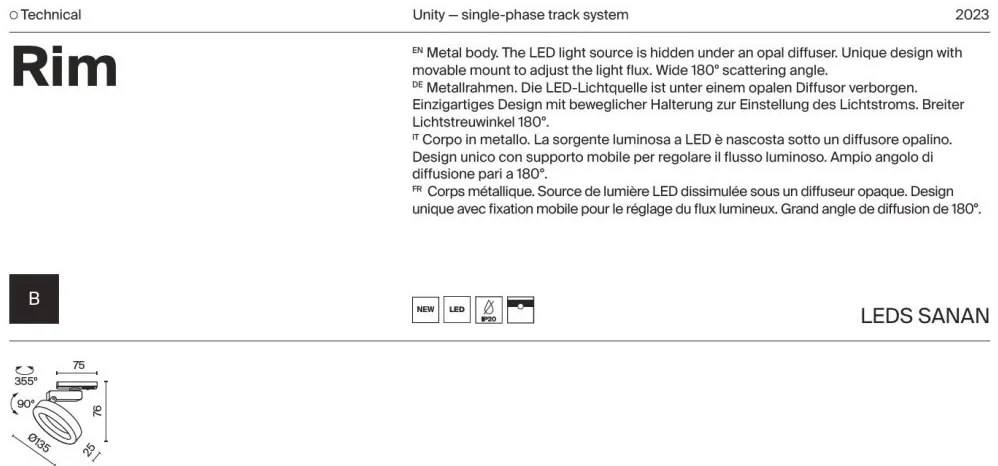 Spot LED, accesoriu pentru sinele monofazate Unity, Rim negru 3000K