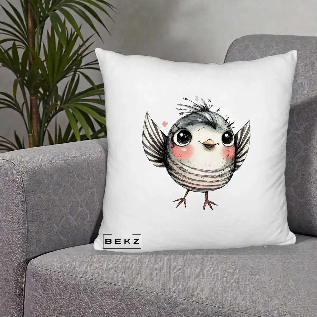 Perna Decorativa Pasare Gri cu Aripi si Inimioare, 40x40 cm, Alb Pufos, Husa Detasabila, Perna Inclusa, BEKZ®