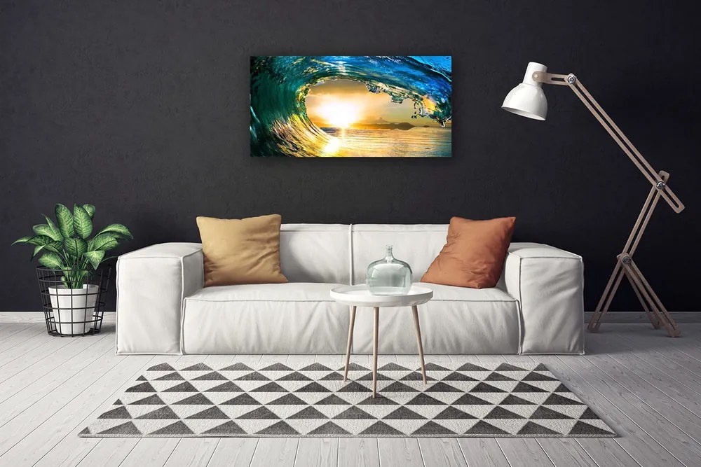 Tablou pe panza canvas Wave Sea Sunset Natura Albastru Galben