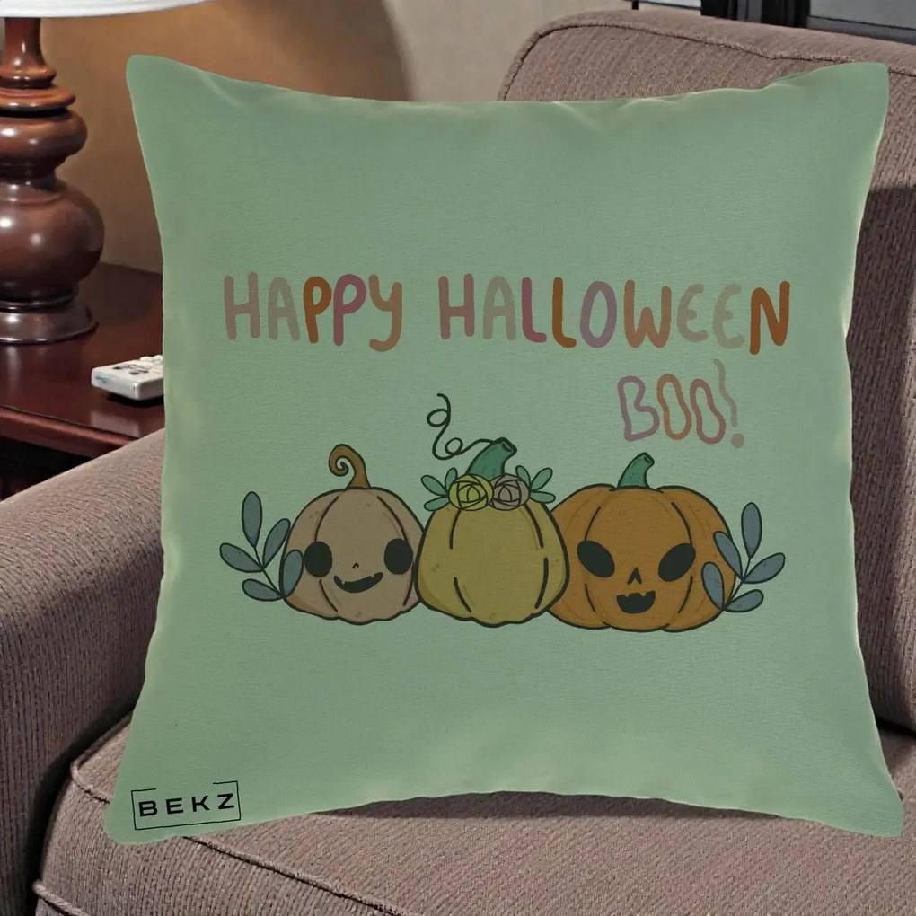 Perna Decorativa Happy Halloween Boo Trei Dovlecei Kawaii, 40x40 cm, Verde, Husa Detasabila, Perna Inclusa, BEKZ®
