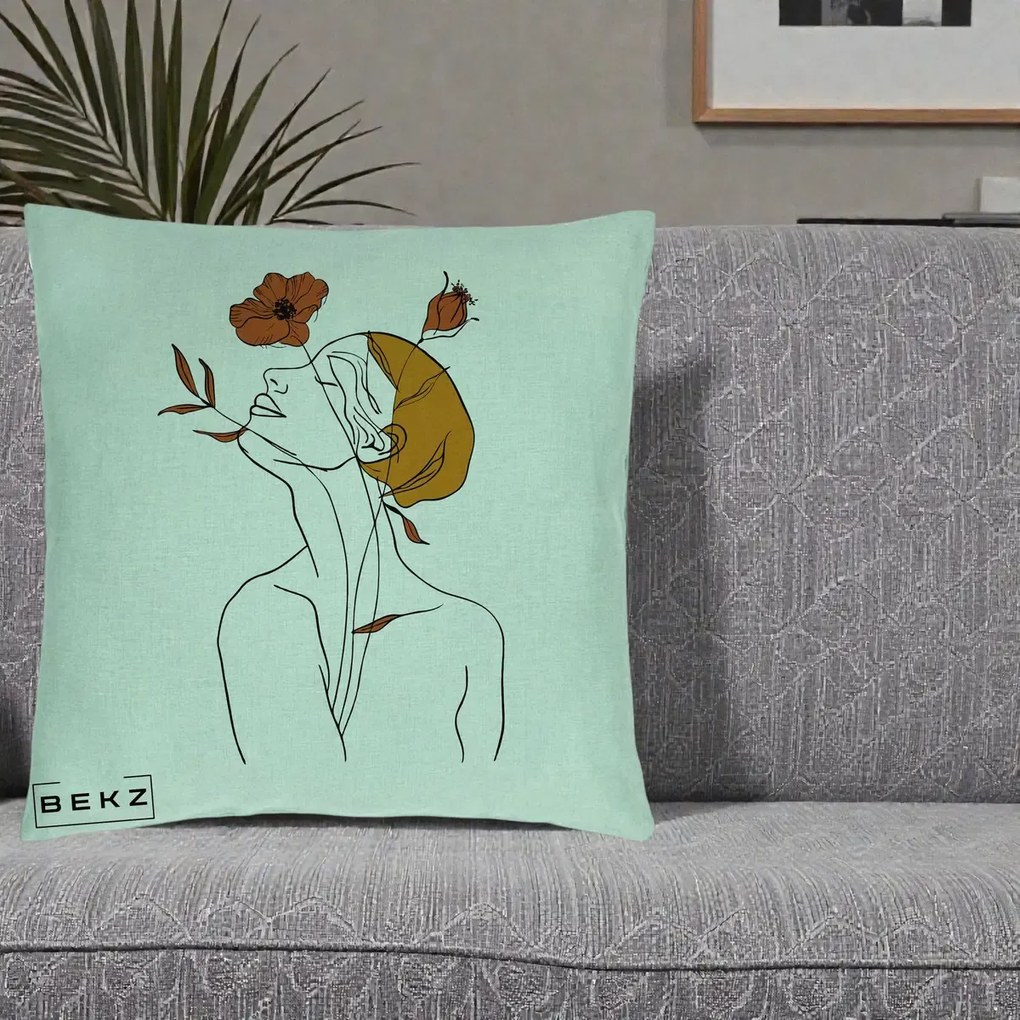 Perna Decorativa Portret Feminin Mac Privire Inalta, 40x40 cm, Verde Menta, Husa Detasabila, Perna Inclusa, BEKZ®