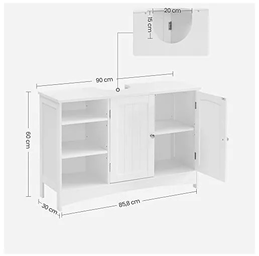 Dulap de depozitare pentru chiuveta, Vasagle, 2 usi, Alb, 90 x 30 x 60 cm