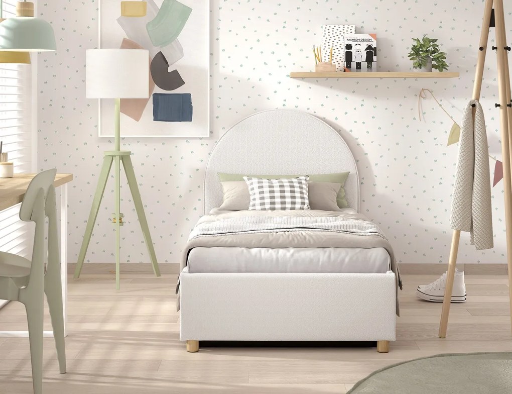 Pat tapițat pentru copii MOON, 90 x 200 cm, alb, cu țesătură bouclé și spațiu de depozitare – Vipack