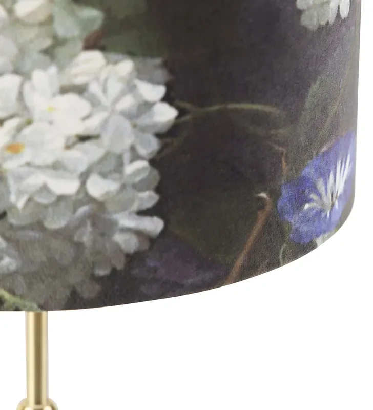 Lampă de masă auriu/alamă cu abajur din catifea cu flori 25 cm - Parte