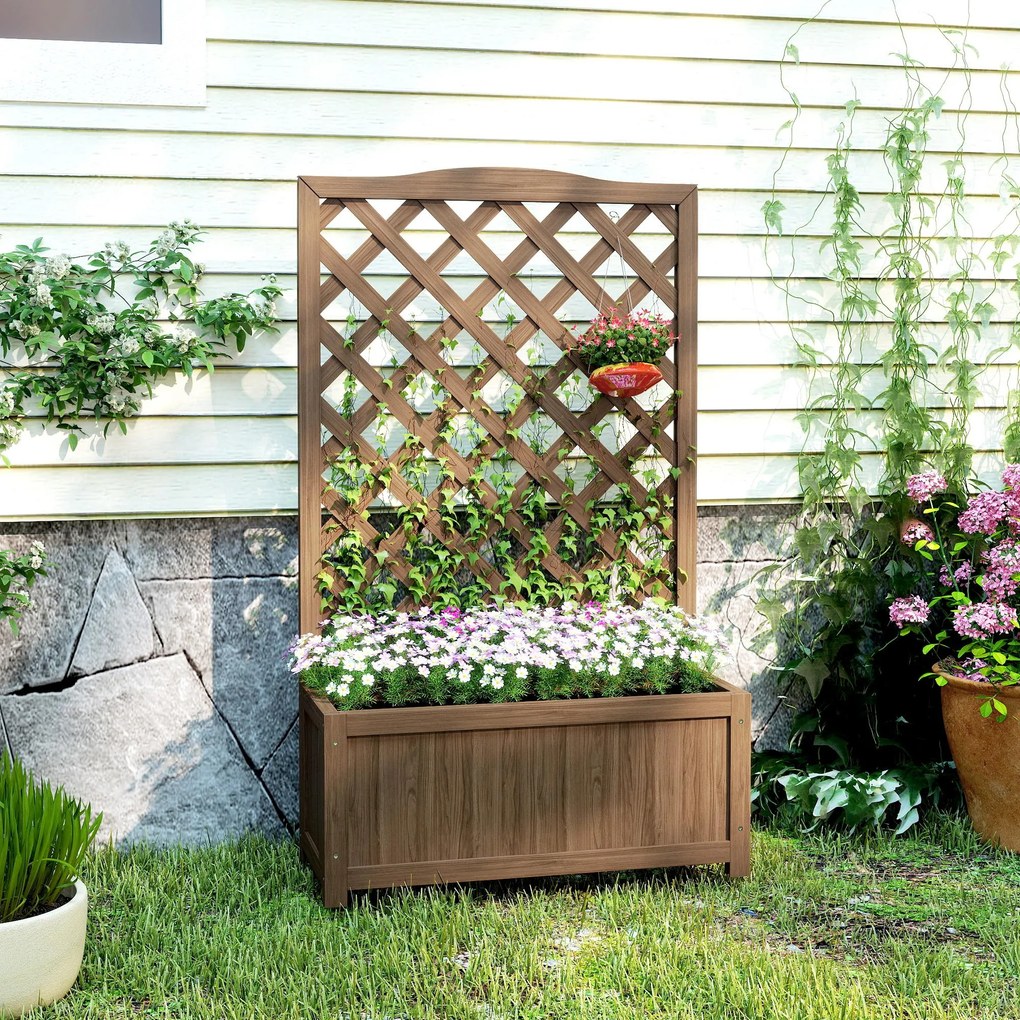 Outsunny Jardinieră cu spalier, ghiveci pentru plante cățărătoare, legume, flori, din lemn masiv, 70 x 28 x 117 cm maro închis | Aosom Romania