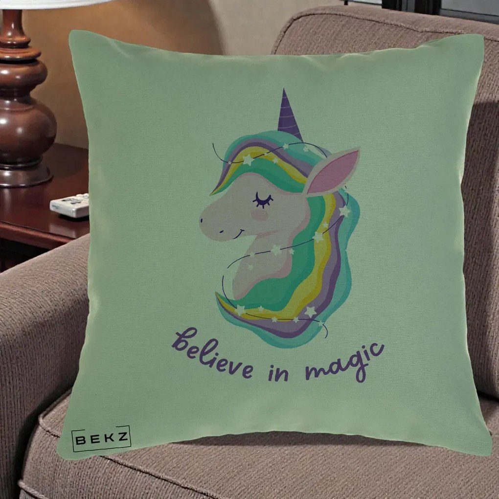 Perna Decorativa Unicorn Believe in Magic, 40x40 cm, Verde, Husa Detasabila, Perna Inclusa, BEKZ®