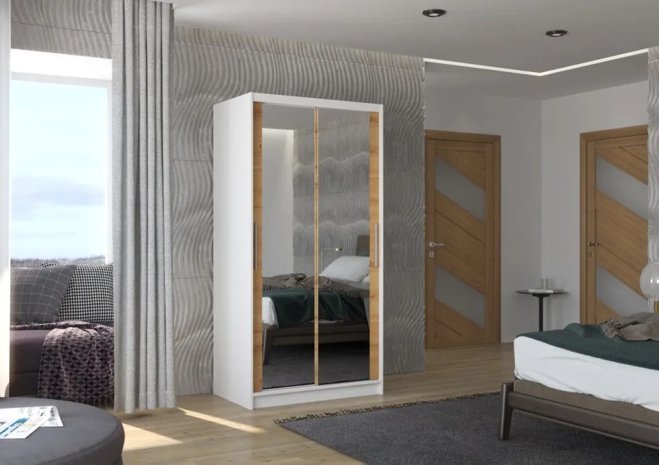 Dulap cu usi glisante si oglinda 100x200 cm, Nevio, ADRK Furniture (Culoare: Sonoma / Alb)