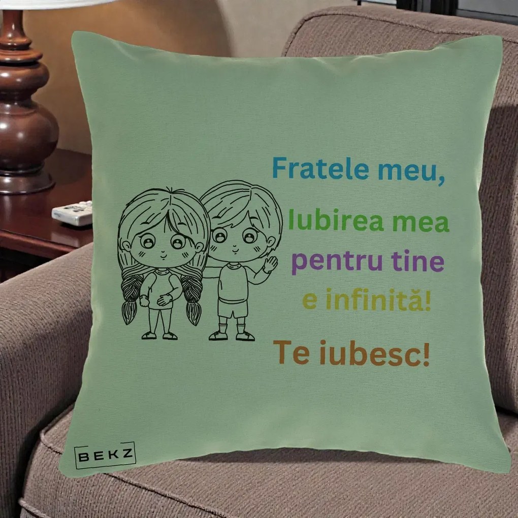 Cadou pentru Frate - Perna Personalizata Fratele Meu Te Iubesc Copii Anime Colorat, 40x40 cm, Verde, Husa Detasabila, Perna Inclusa, BEKZ®