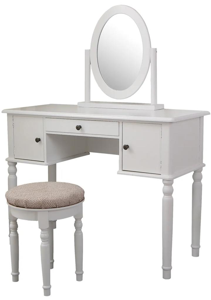 RESIGILAT-Set Melissa, Masă de toaletă pentru machiaj cu scaun, oglindă și 3 sertare, Alb