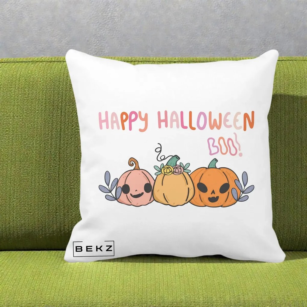 Perna Decorativa Happy Halloween Boo Trei Dovlecei Kawaii, 40x40 cm, Alba Mata, Husa Detasabila, Perna Inclusa, BEKZ®